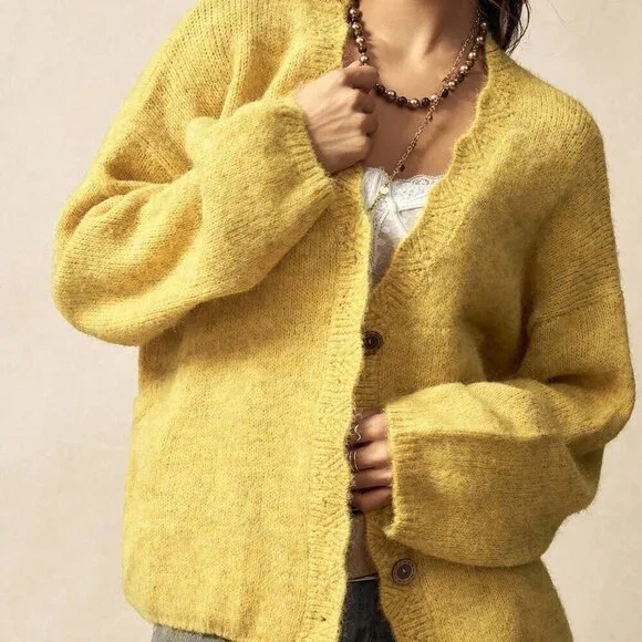 yellow Casual Women's Loose Drop Shoulder Button Front knit Cardigan - Picture 7 of 8